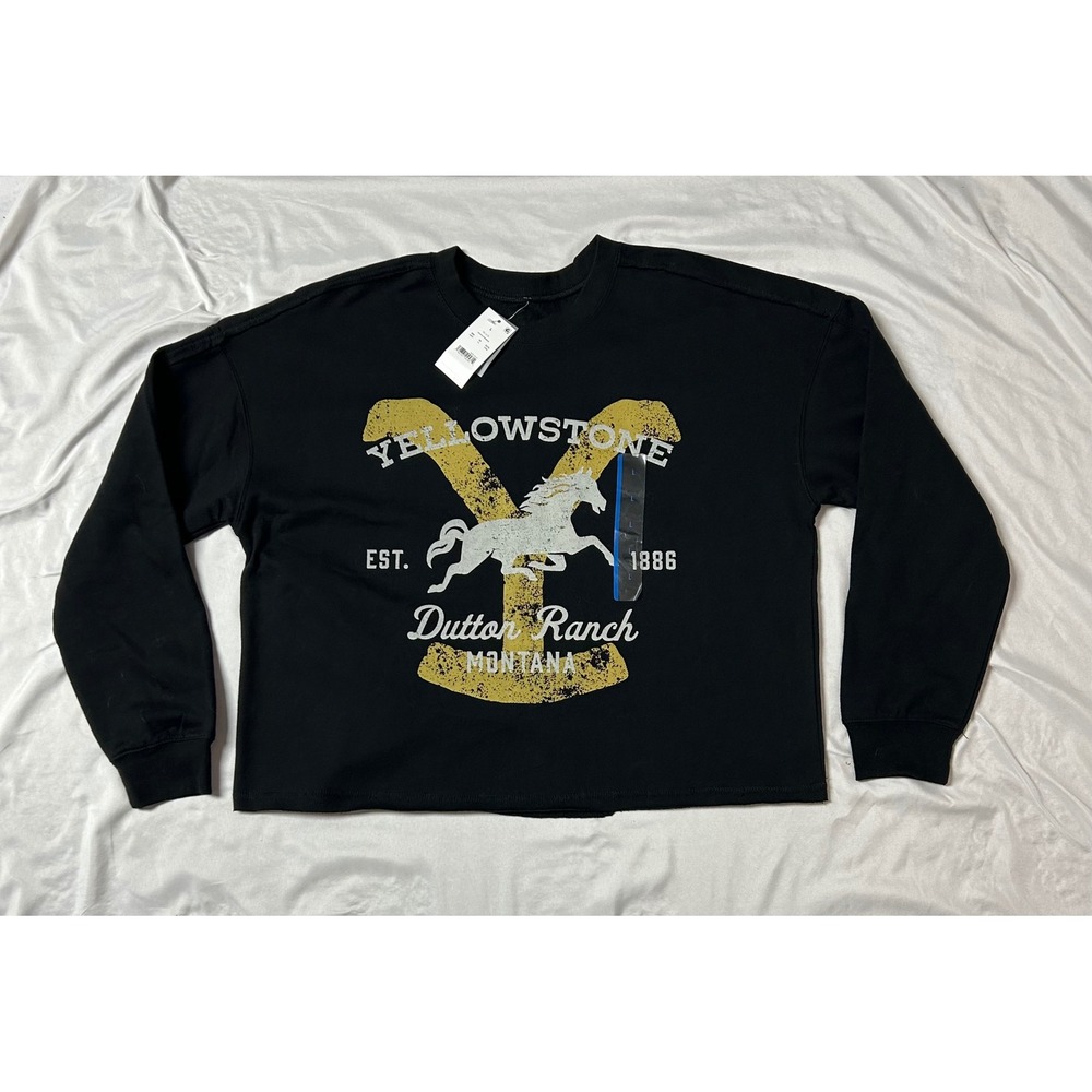 Yellowstone Dutton Ranch Graphic Cropped Sweatshirt Black Distressed  Horse Sz-L